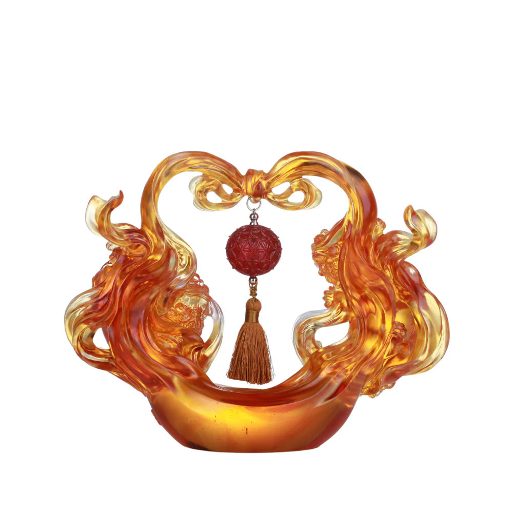 LIULI Foo Dog, Chinese Guardian Lion, Crystal Sculpture, Embroidered Lion Dance